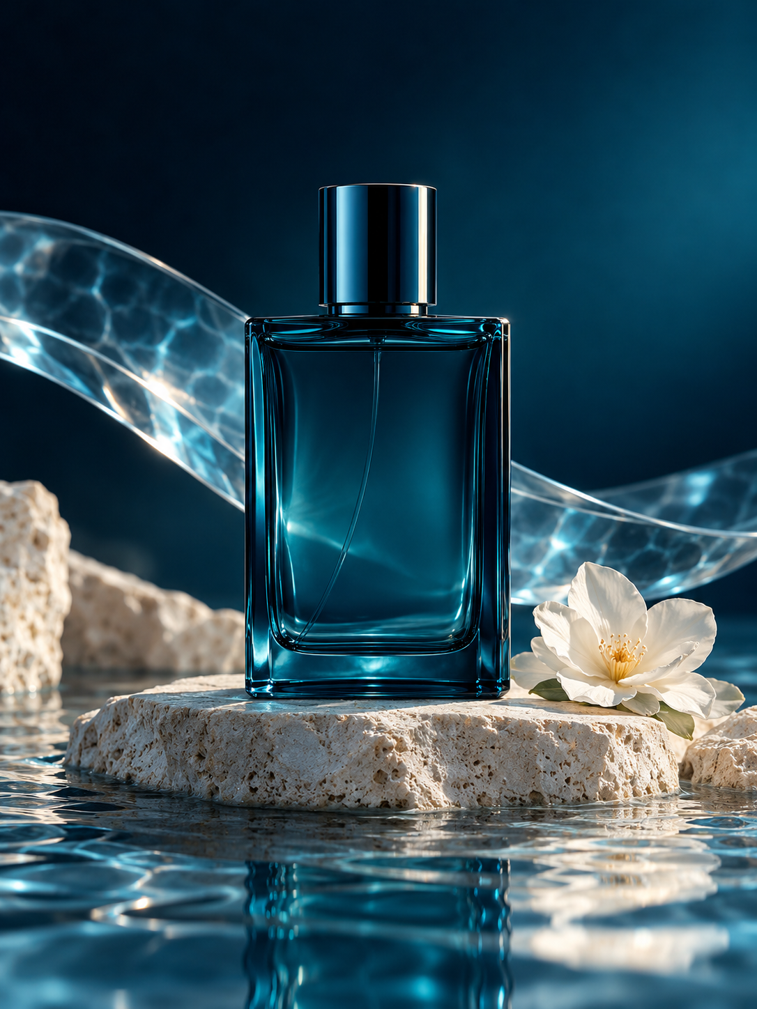 Composição ilustrativa de frasco azul-petróleo sobre um pedestal, com luz azul e uma flor branca
